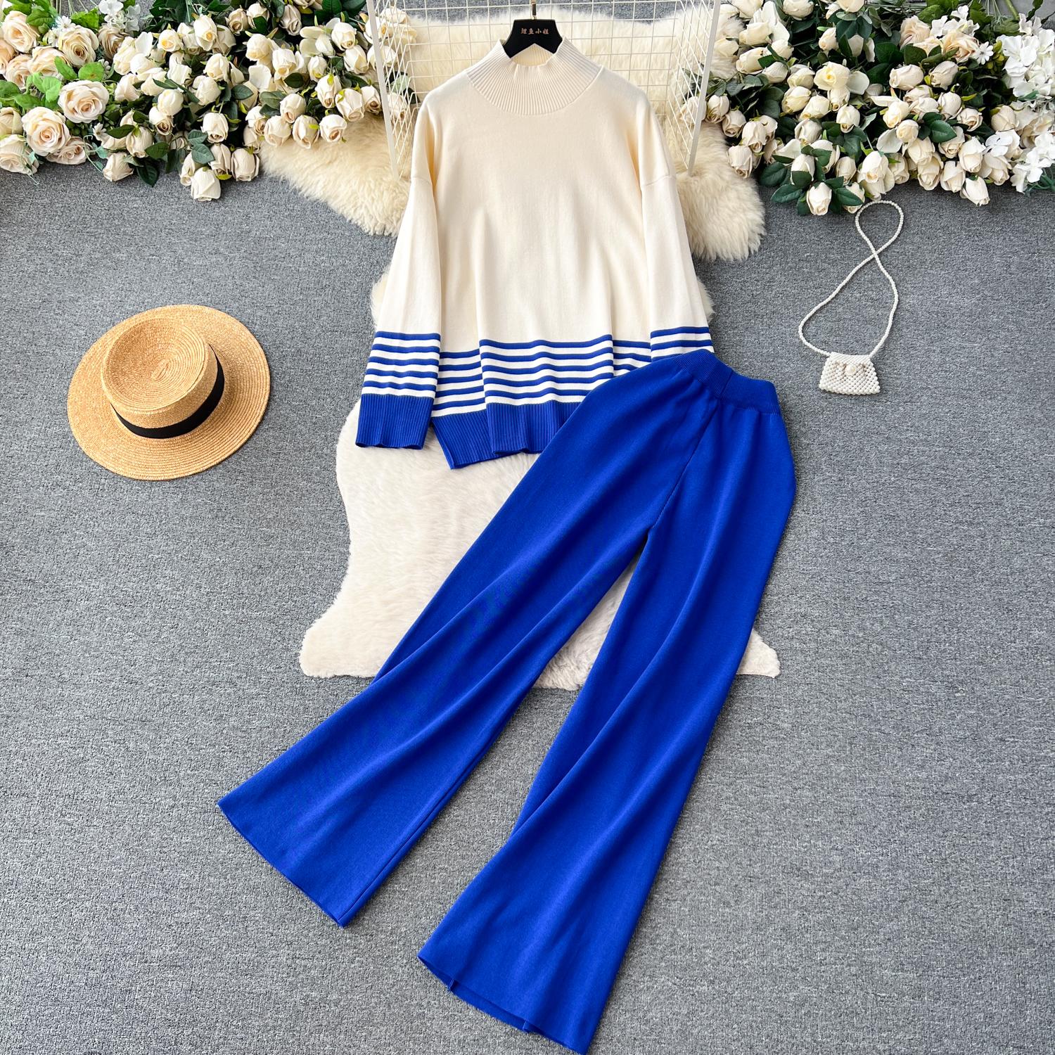 

Осінь-весна Повсякденні в язані комплекти Пуловер із напіввисоким коміром у смужку з розрізами + широкі довгі штани Жіночий модний вільний светр One Size