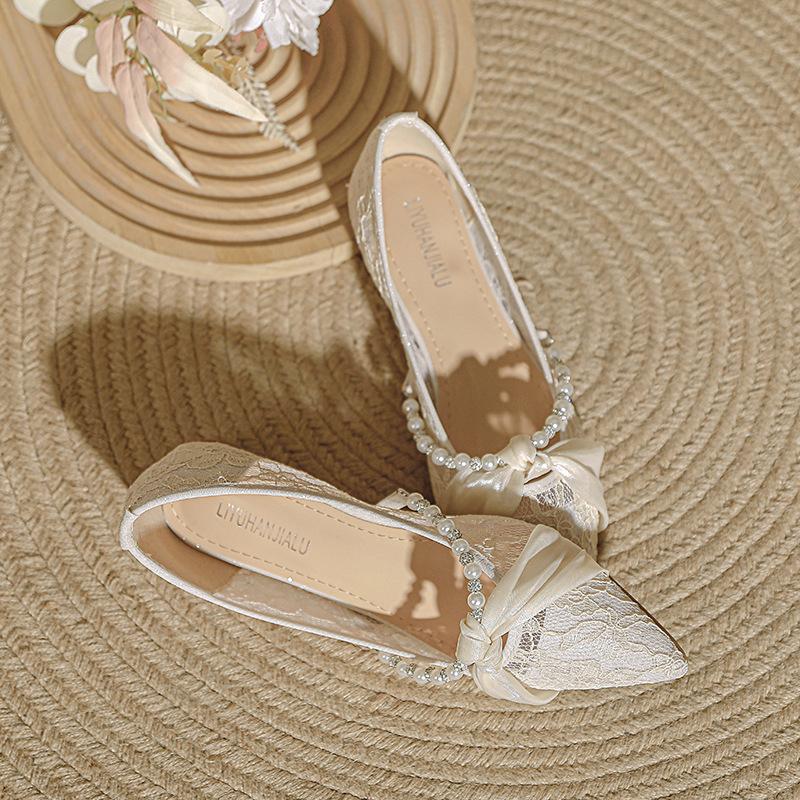 Fashion Summer Women Pearl String Pointed Toe Ballerinas Flats Shoes Fashion Slip on Comfort Soft Sole Female Breathable Lace Dress Shoe