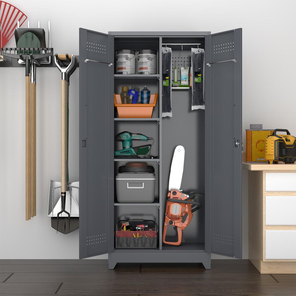 Broom Storage Cabinet With Locking Doors And Shelves, 65" H Metal Storage Cabinet With Hanging Rod & S-Hooks, Cleaning Tool Storage Cabinet