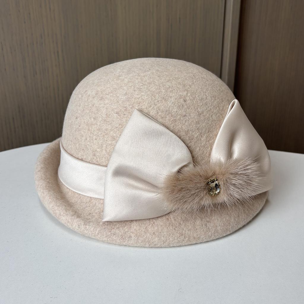 Autumn and winter new hairball satin bow bud hat women's woolen small edge crimping basin hat styling felt hat