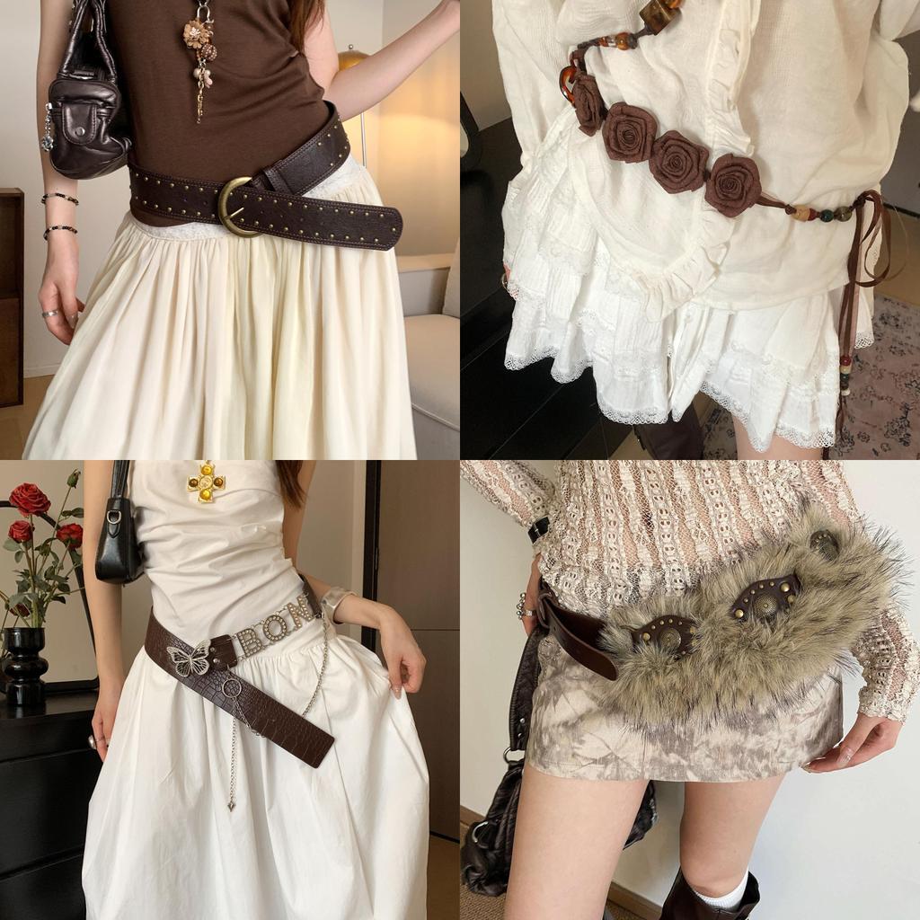 Vintage Western Style Leather Belt With Flower Beads For Women Casual Dresses