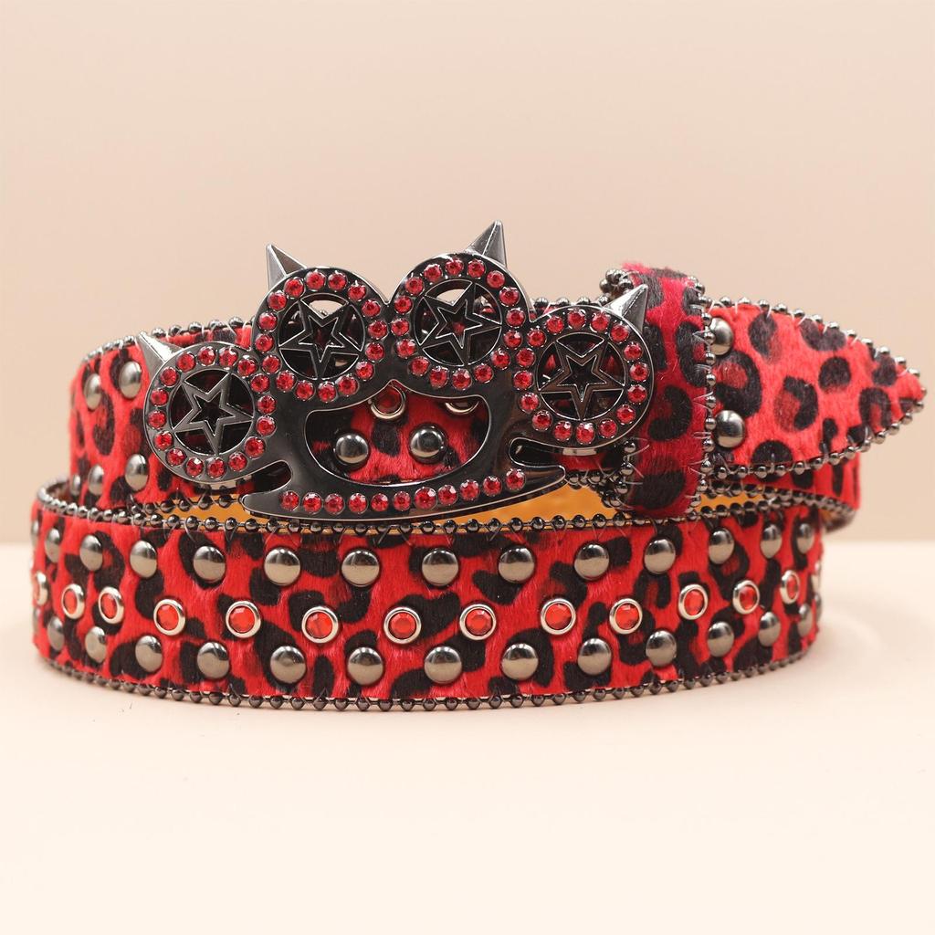 Leopard Print Rhinestone Knuckle Duster Punk Belt - Y2K European & American Style Women's Decorative Accessory