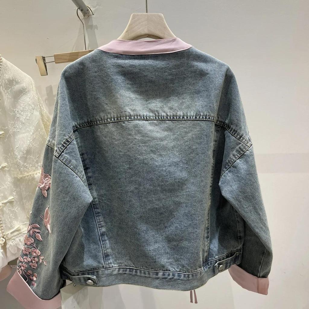 Short Buckle Denim Coat Women Chinese Style Stand Collar Top Spring  Bomber Outerwear Fashion Street Jeans Jacket Female