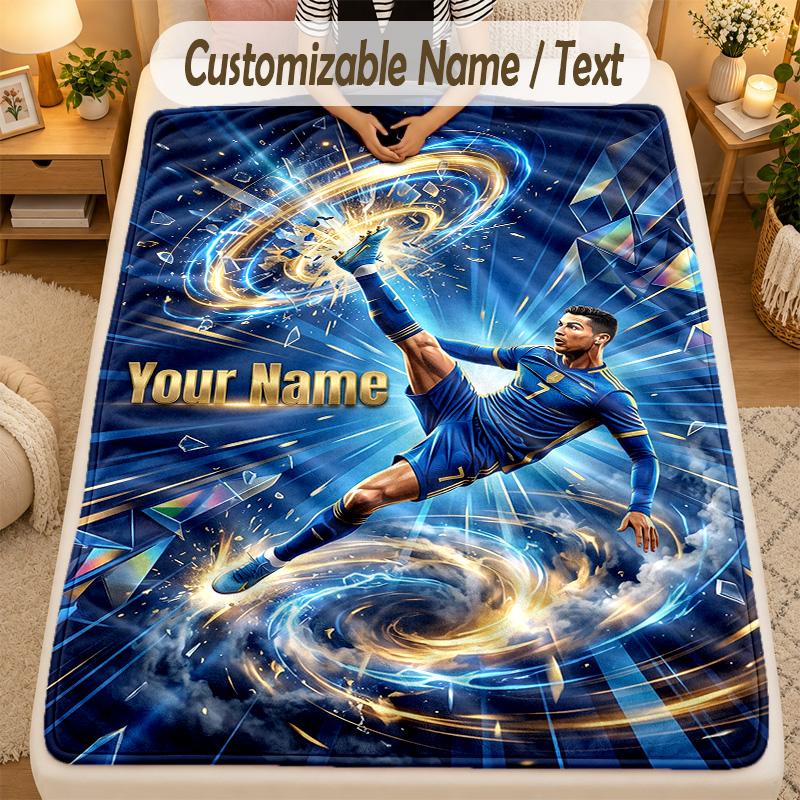 Flannel BlanketCristiano Ronaldo Custom Name Text Personalized Soft Warm Throw Blanket Home Decor Gift