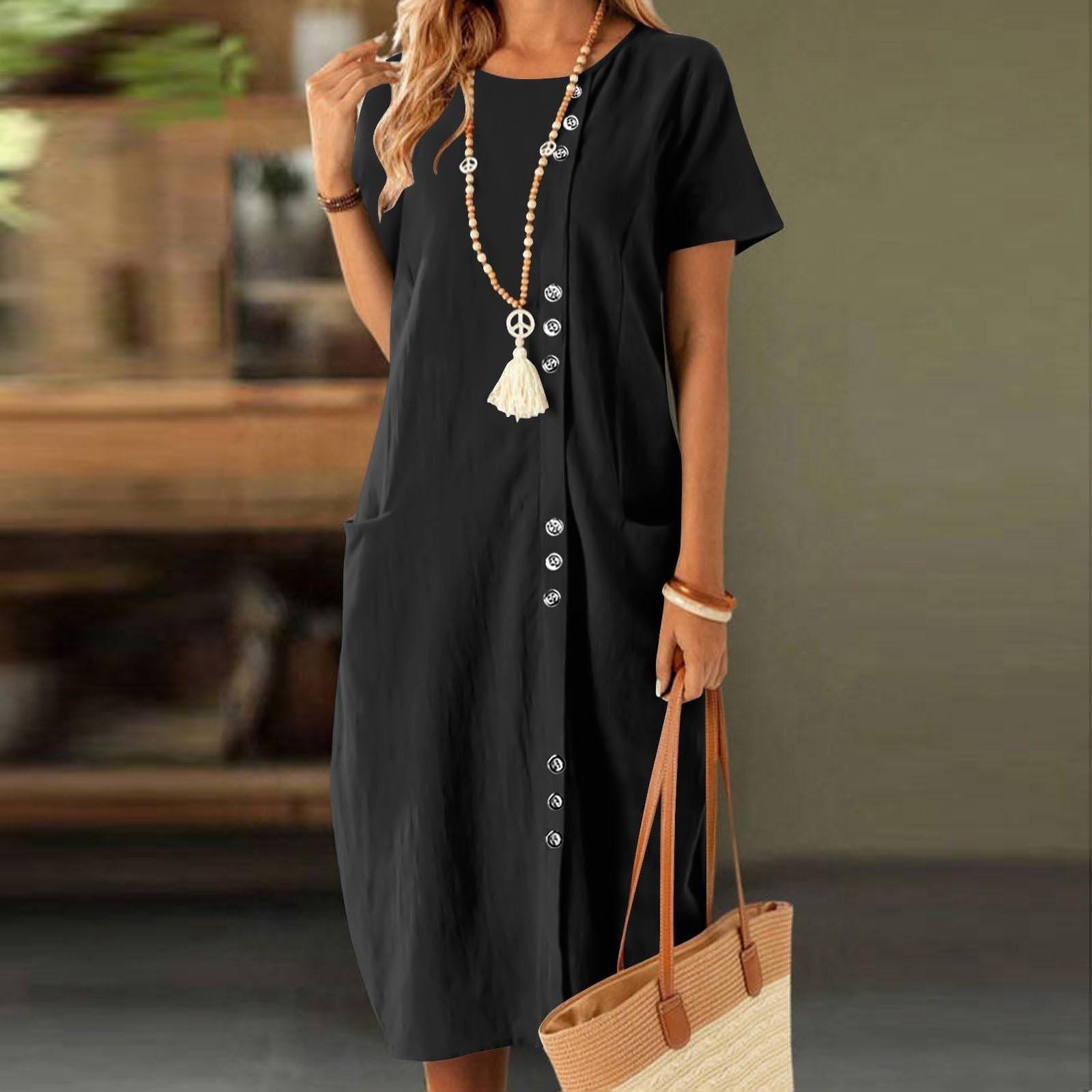 

Платье для женщин повседневное на пуговицах с коротким рукавом свободное с карманами S чёрный