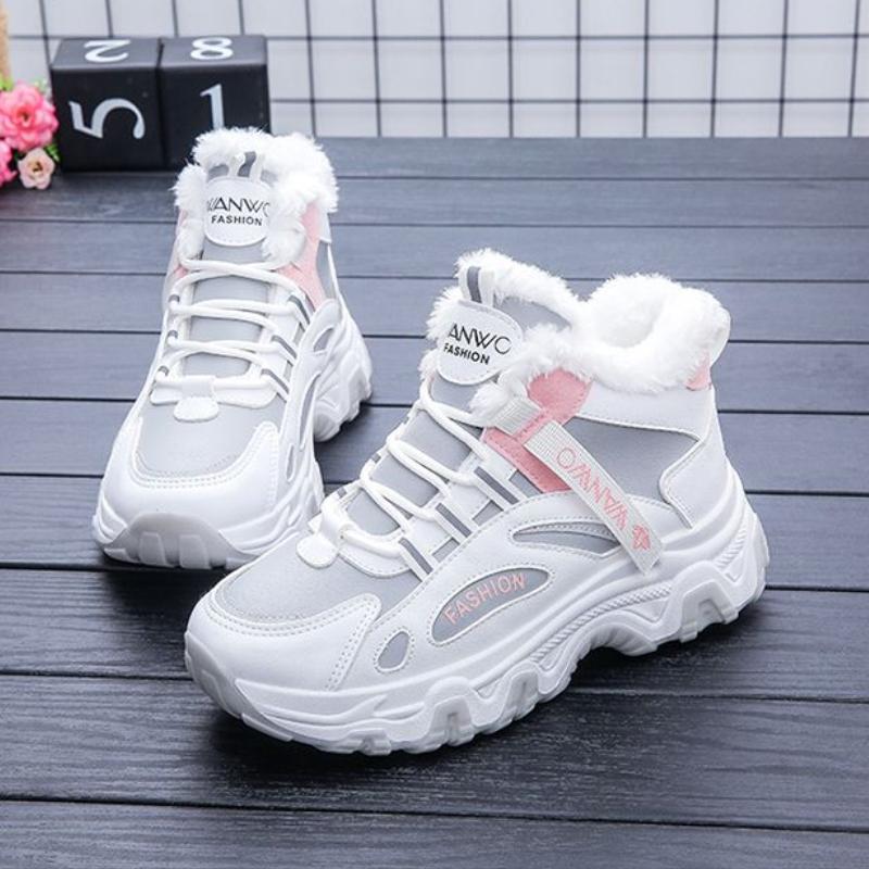 Sportliche Damen-Winterschuhe mit dicker Sohle und Plüschfutter, verdickte warme Schneestiefel, modische rutschfeste High-Top-Baumwollschuhe