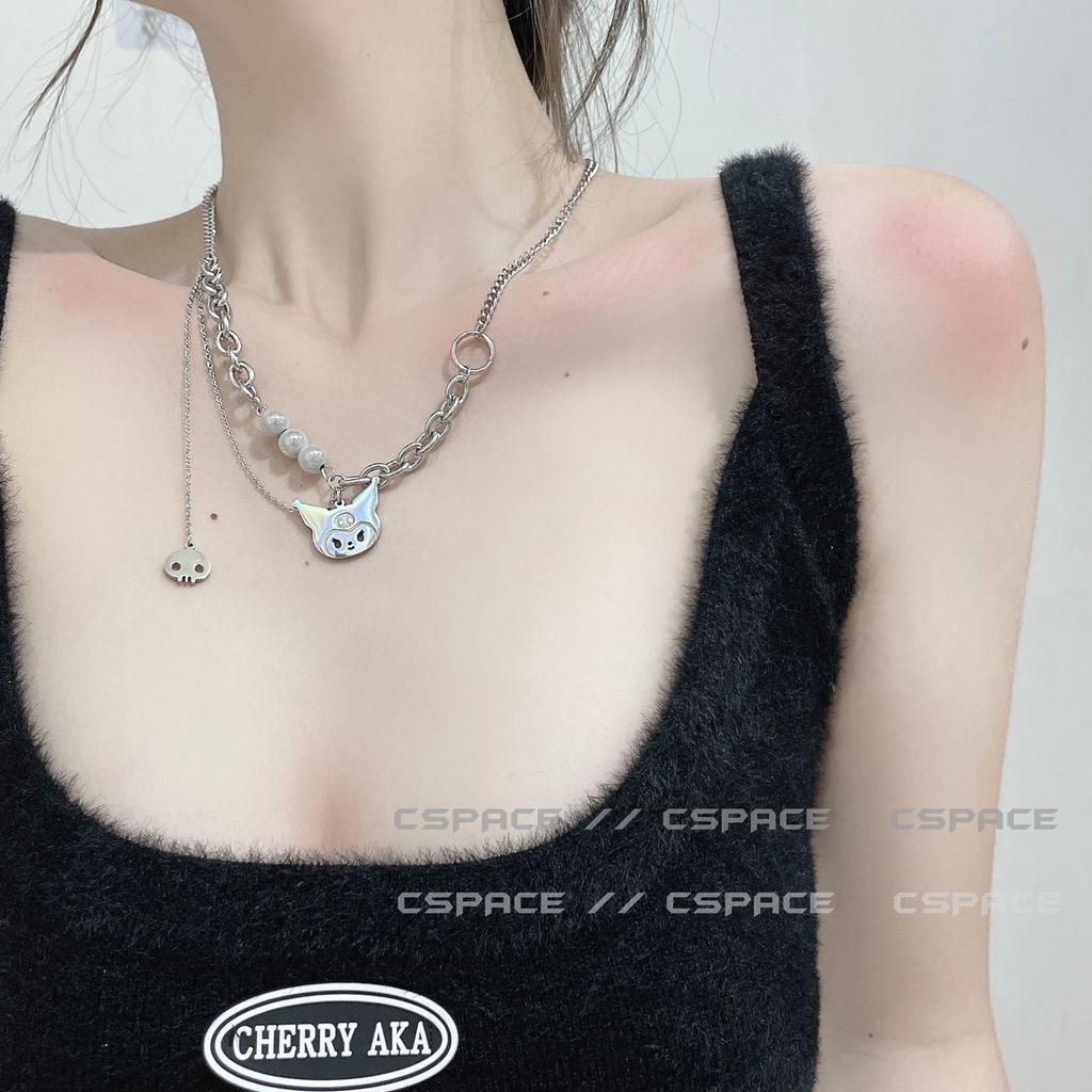 Indifferent Wind Japanese Kulomie Pendant Demon Skull Reflective Beads Non-Fading Titanium Steel Necklace Pearl Clavicle Chain