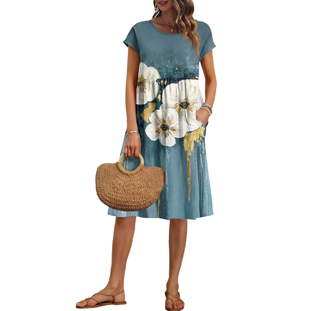 Damen Sommer Mode Lässig Rundhals Kurzarm Blumenmuster Kleid