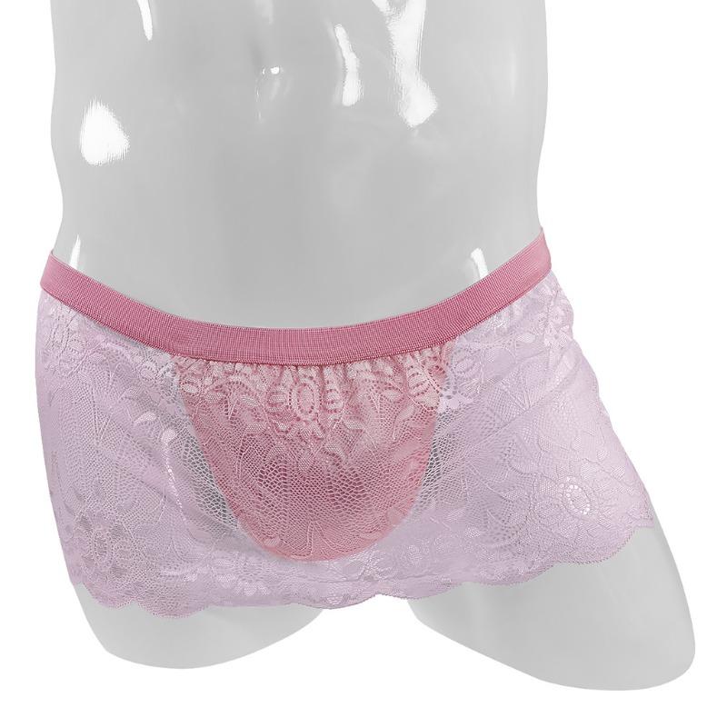 Men Sissy Lace Skirted Panties T-Back Thongs Sheer Mesh G-String Underpants Crossdressing Lingerie Gay Bugle Pouch Underwear