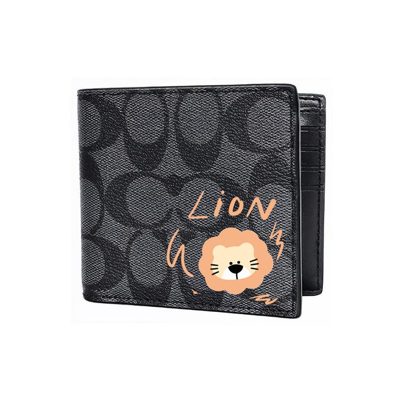 Coach Wallet [Customized Bag] 3 IN 1 Hand-painted Personalized Graffiti Embossed Printed Short Folding Belt with Detachable Card Holder Black(lion)
