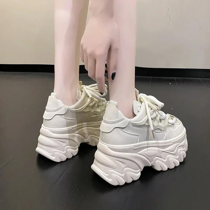 Fashion 8.5cm Women Platform Sneakers Lace-up Autumn Sports Dad Shoes High Top Chunky Casual Shoes Woman Thick Bottom Mesh White Shoes