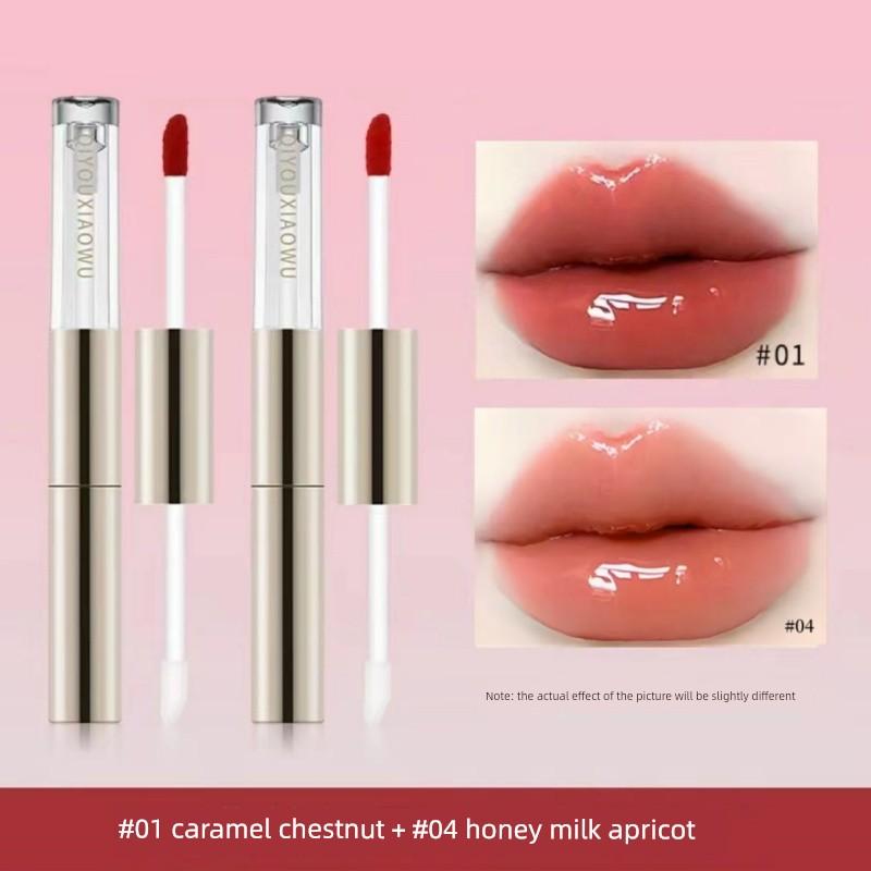 Qiyu Xiaohu Double-Ended Raincoat Mirror Lip Glaze, Non-Fading, Non-Stick, Moisturizing, Hydrating, Brightening, Water-Glossy Plump Lips