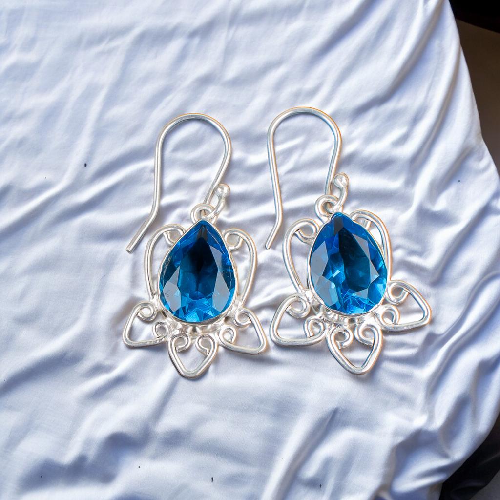 925 Sterling Silver Swiss Blue Topaz Gemstone Elegant Jewelry Earrings For Wife EE-40-8