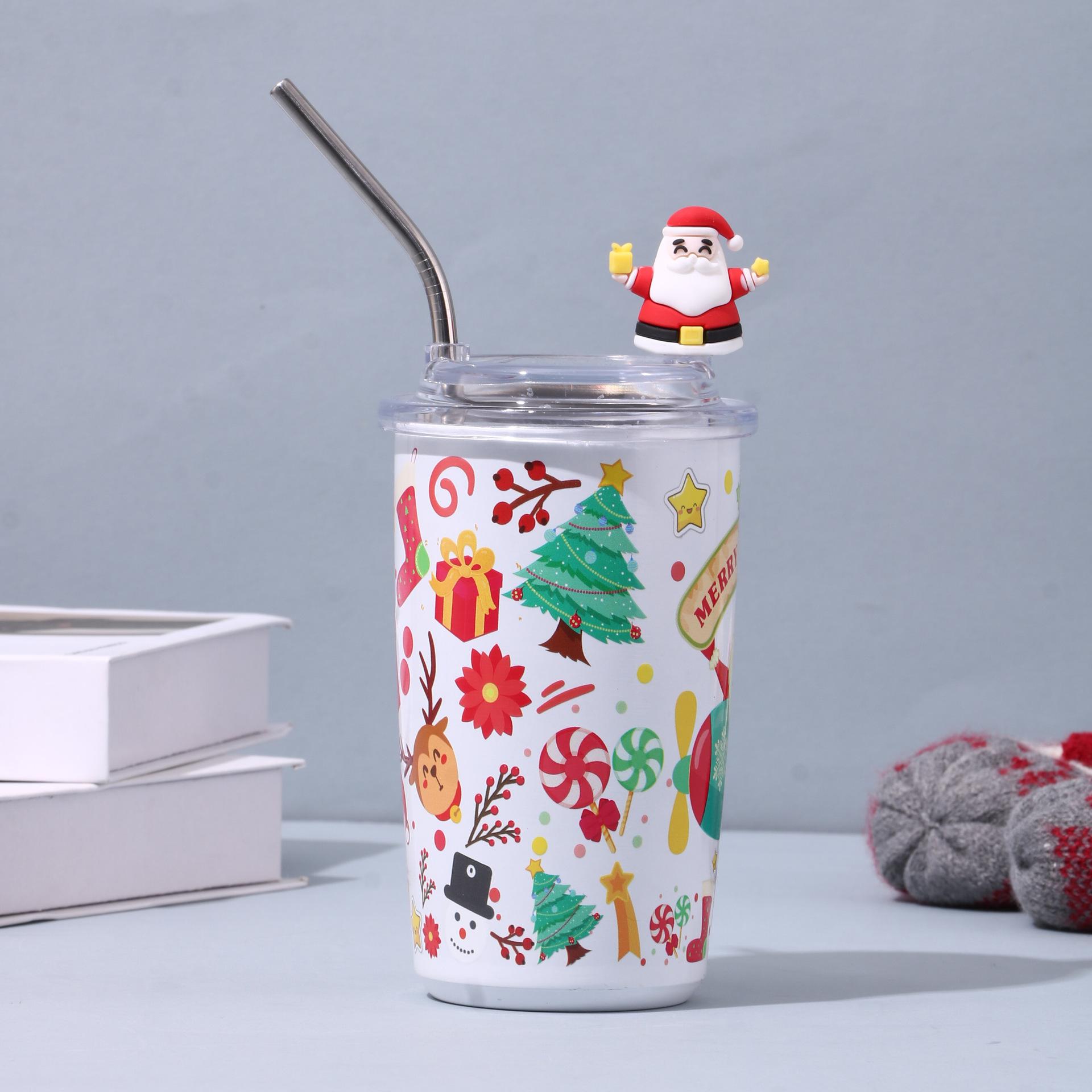 

Термос из нержавеющей стали, чашка с мультяшной соломинкой, высокая ценность, рождественский креативный подарок, кофейная чашка 450ml