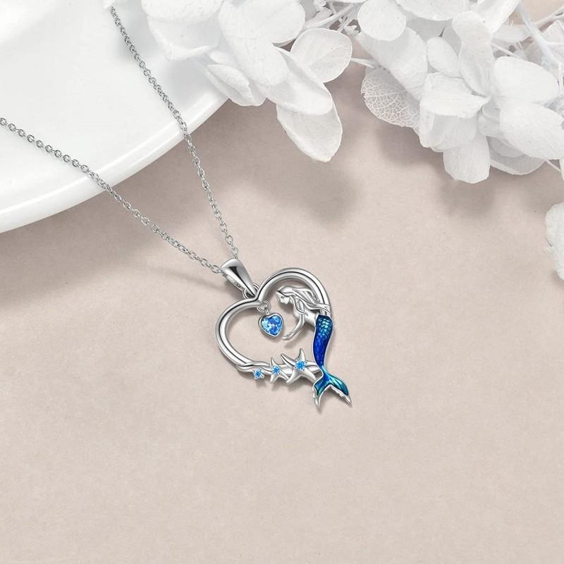 Luxury Female Crystal Blue Zircon Stone Heart Mermaid Pendant Necklace Vintage Silver Color Wedding  For Women