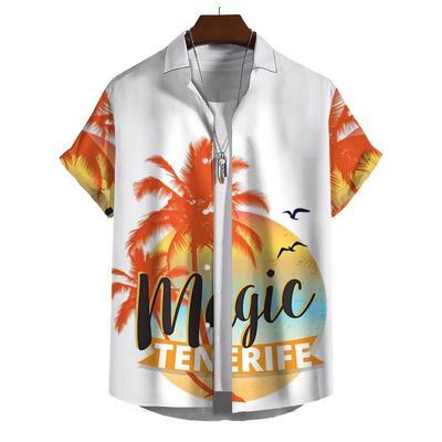 Camisa havaiana masculina com estampa de sol e coqueiro, camisa de praia com estampa 3D do Havaí, camisa de rua casual de verão de manga curta