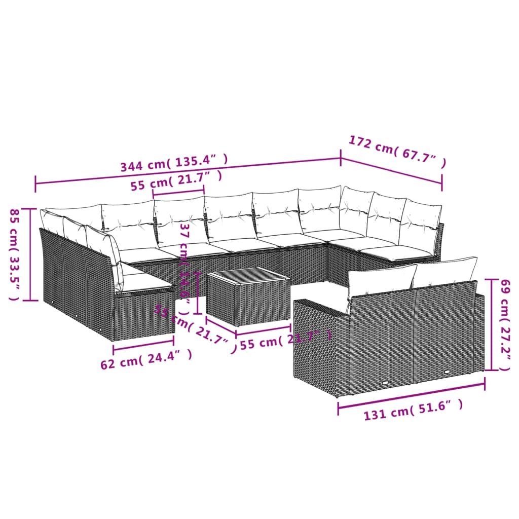Vidaxl 13-Cz. Garden Furniture Set, Cushions, Black, Rattan PE