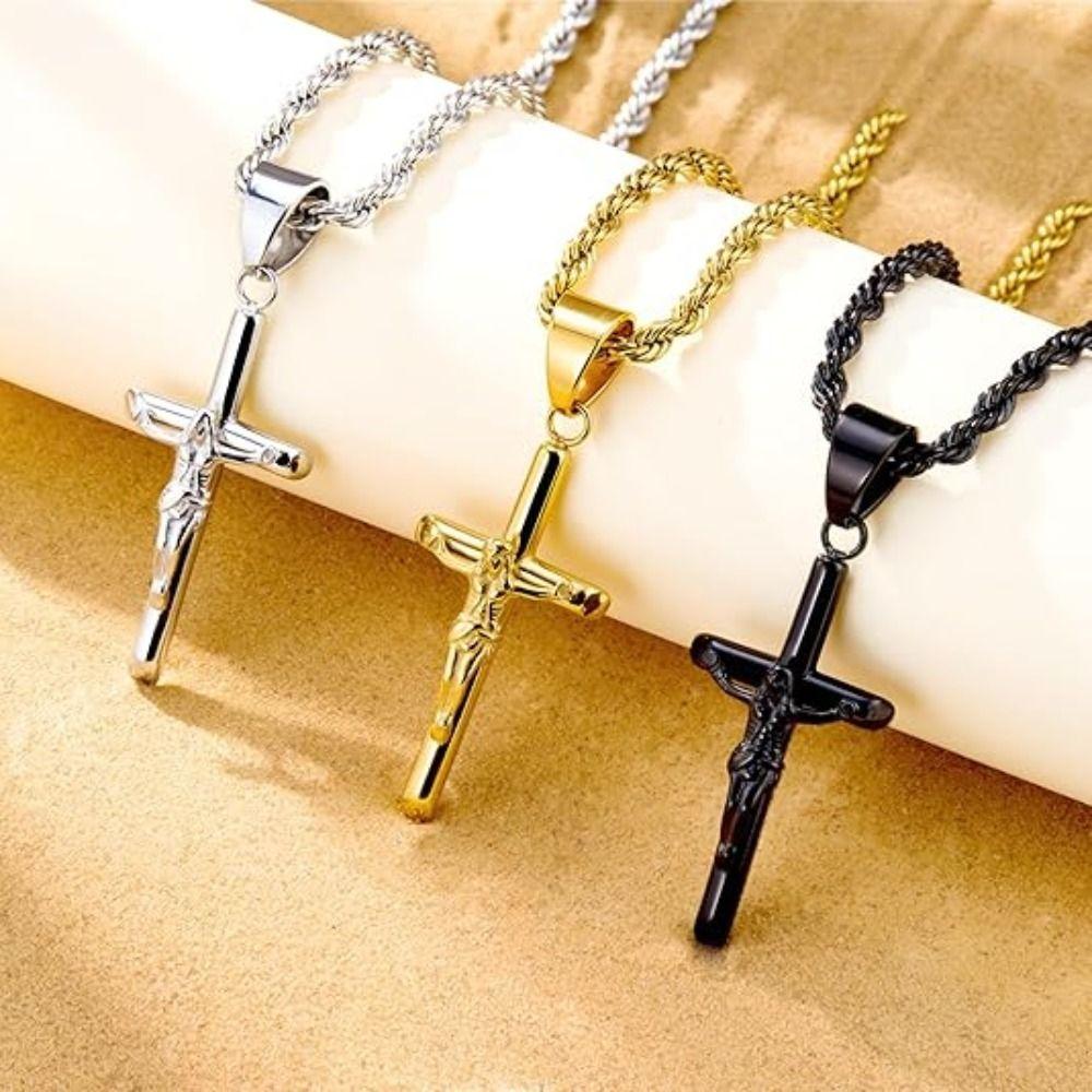 Trendy Stainless Steel Holy Cross Twist Chain Exquisite Crucifix Pendant Hypoallergenic Versatile Rope Chain Easter