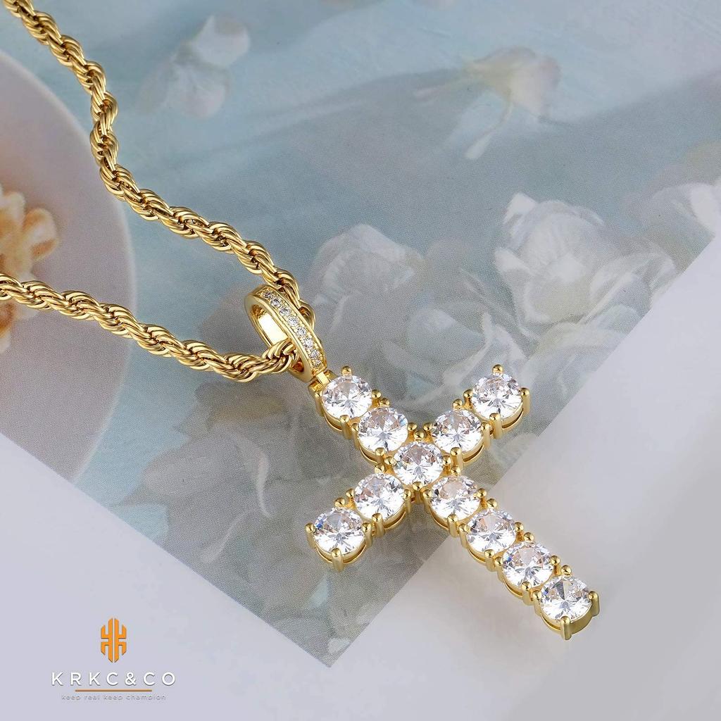 Cross Cross Pendant Top with Rope Chain Large CZ 14K Gold Gift KRKC&CO Necklace, [2-Piece Set] Diamond, Zirconia, Plated, Men's Accessories, Stylish,