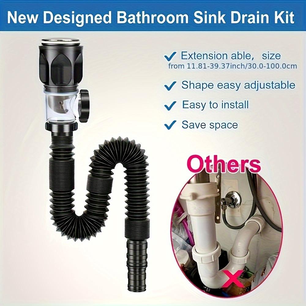 Bathroom Sink Drain Kit with Expandable P-Bend Pipe Can Be Installed Straight or Sideways- Durable Stainless Steel