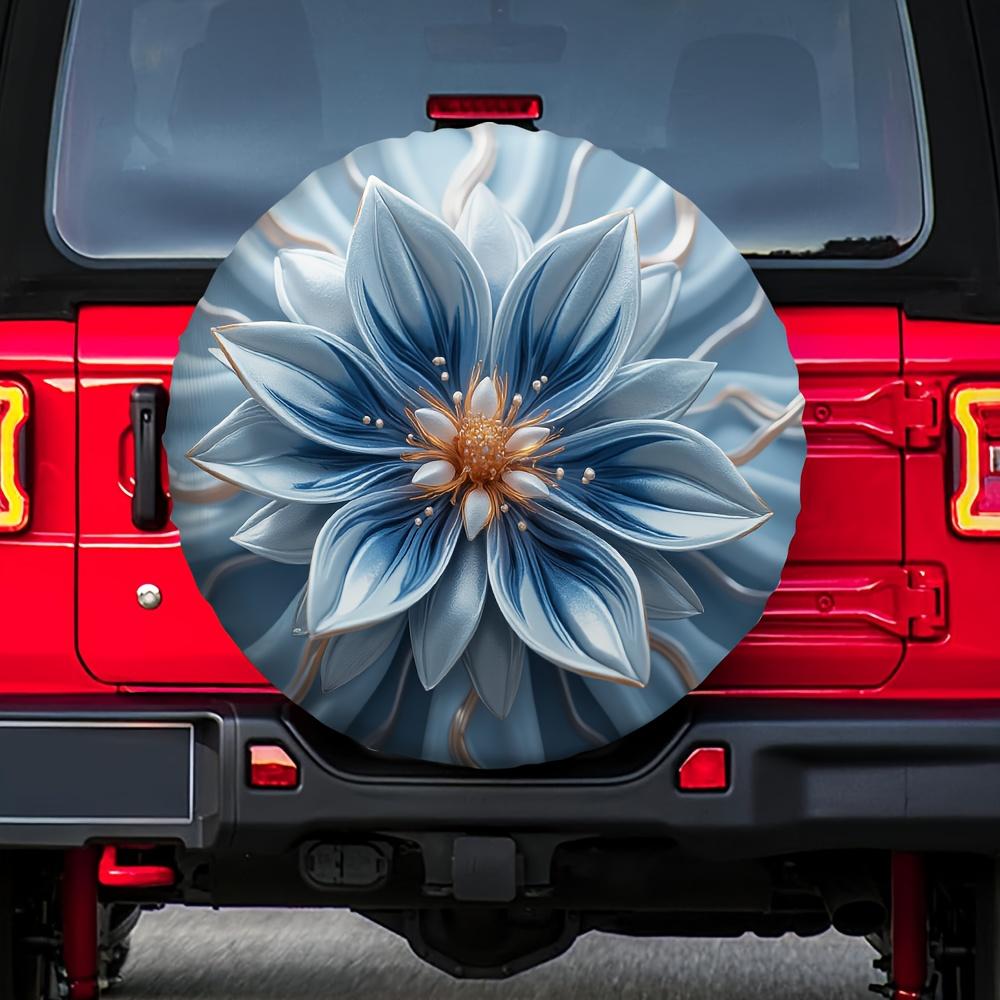 One Piece Of 2D Flat-Printed Universal Tire Cover Featuring Silver And Blue Floral Designs Made Of Polyester, Ideal For Decorati
