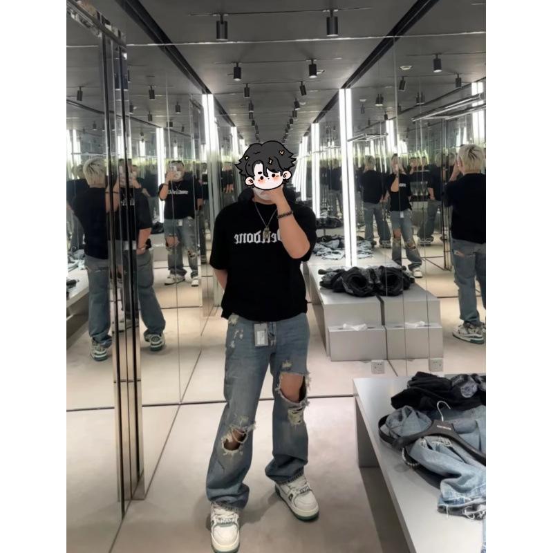 JYL Men s Straight Jeans Washed Blue Ripped Summer Loose Casual Denim S брансуик зеленый