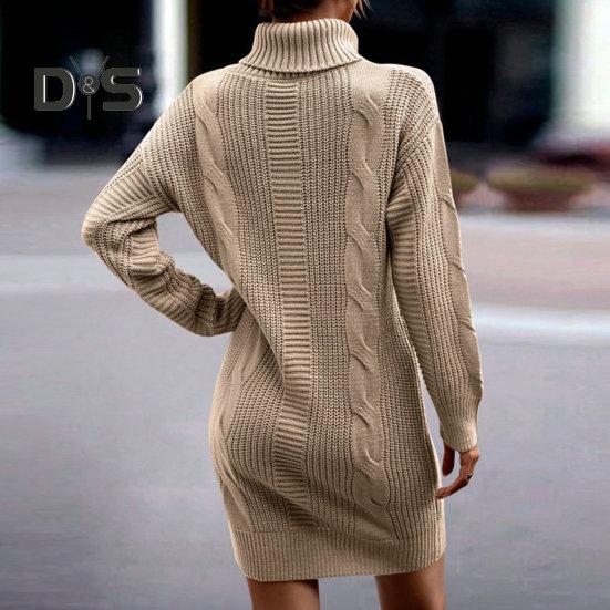 Women Autumn Winter Knitting Dress Turtleneck Long Sleeve Twist Texture Pullover Mini Dress Solid Color Thickened Warm Loose Dress