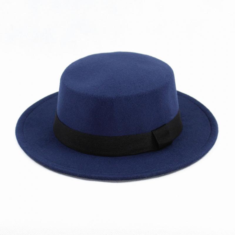 Hat Women's Woolen Top Hat Autumn and Winter Black Retro Gentleman British Style Flat Top Bow Top Hat Felt Hat