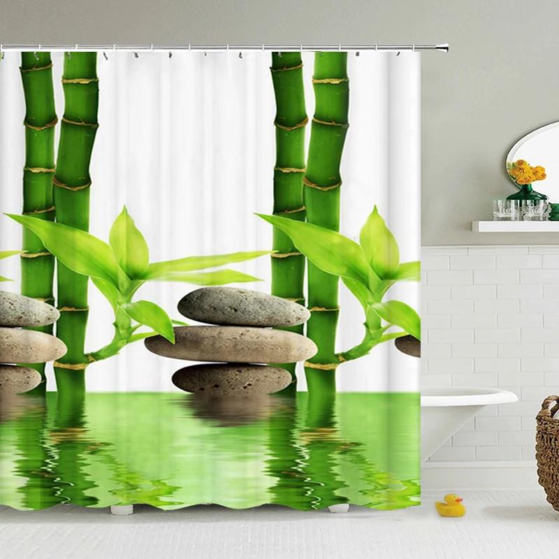 Cortina de ducha de bambú de planta verde, cortina de baño de poliéster impermeable, árboles impresos en 3D, pantalla de baño de 180x200cm con ganchos