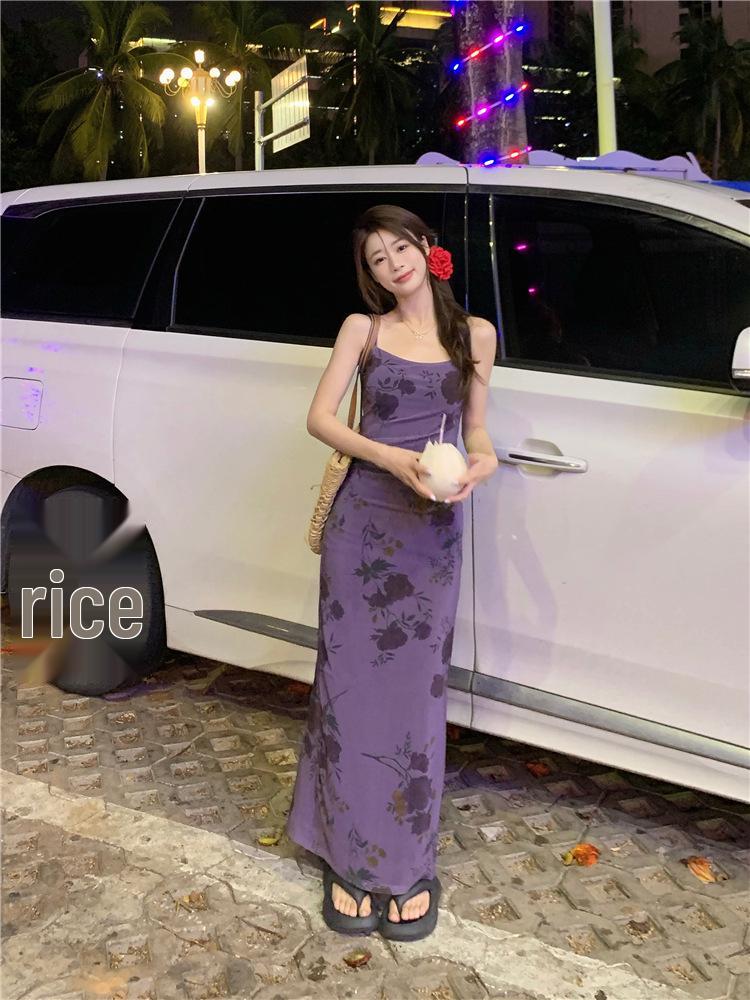French Purple Floral Spaghetti Strap Dress - Women's Summer 2024 Waist-Hugging Long Tea Dress
