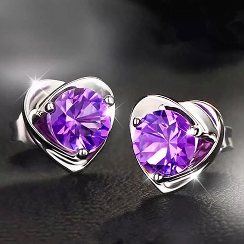 Korean-Style Amethyst Heart Zircon Earrings: Romantic Purple Gift for Girlfriend