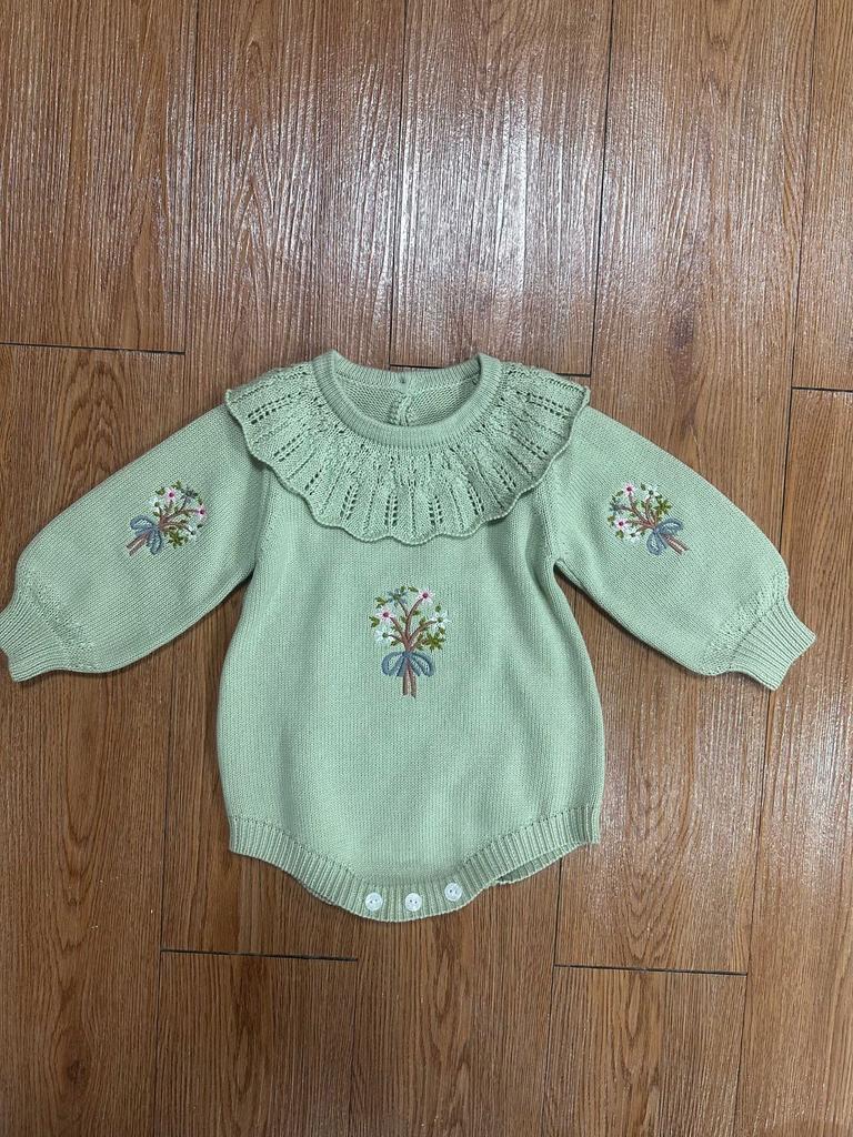 Baby Girl Spring Autumn Long Sleeve Ruffle Neck Knit Romper with Embroidery
