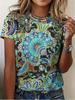 2026 New Summer Women's Retro National Print Ladies T-shirt Round Neck Short Sleeve Street Casual Daily Basic Tops