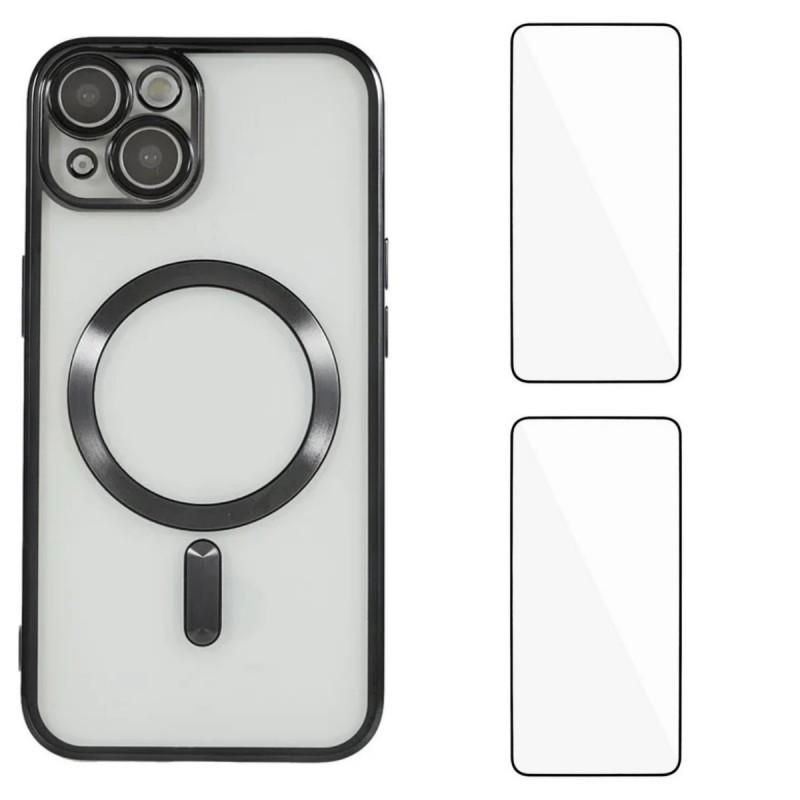 

For iPhone 15 Plus Magnetic Case WANLONFENG Electroplated TPU Cover with Lens Film+2Pcs Tempered Glass Black