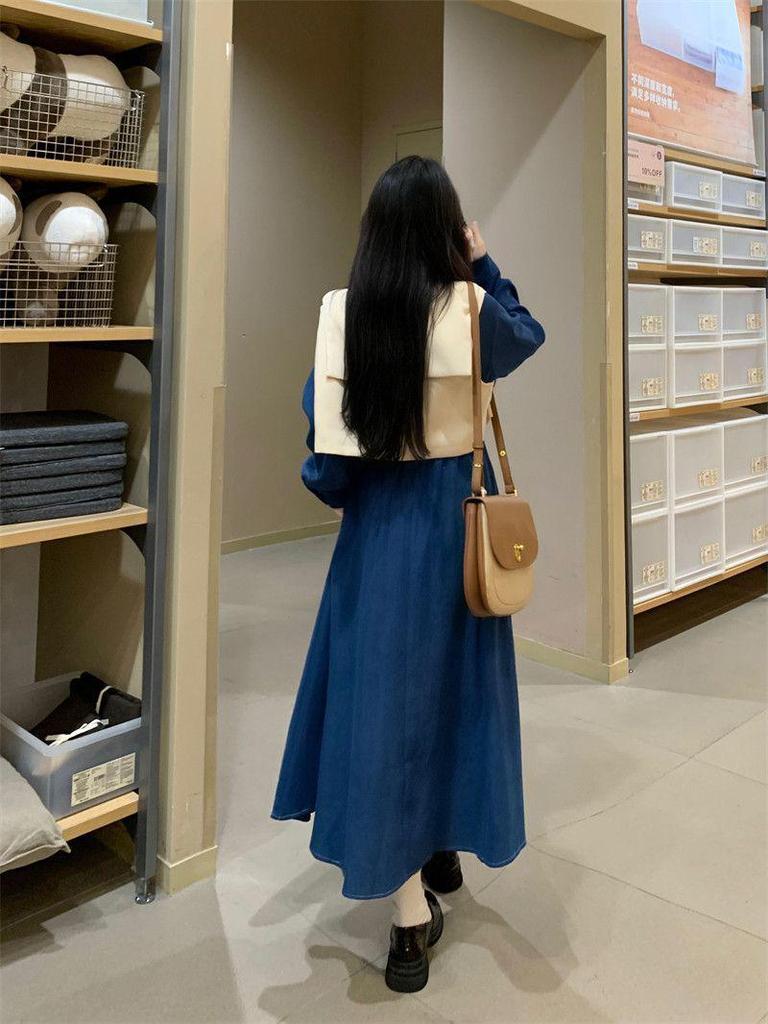 Elegant Denim Blue Dress for Women - New Autumn Slimming Preppy Style Two-Piece Vest and Skirt Set