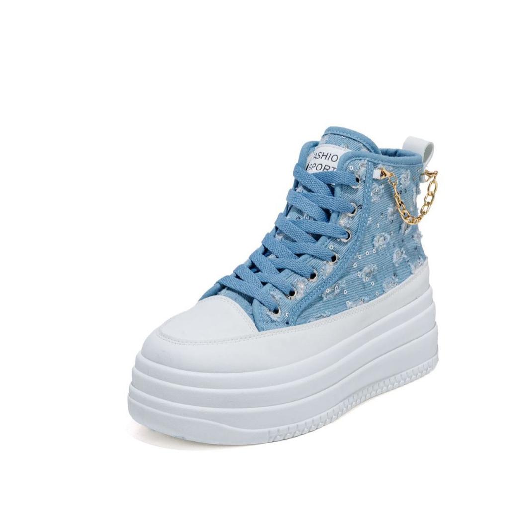 New Chain Little White Shoes Denim Fashion Trend Increases Height Casual Shoes Increase Height and Thinness
