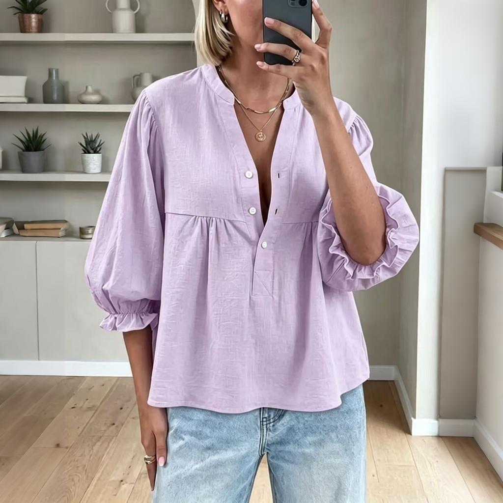 Women's Button Front Blouse Linen Cotton Blend Balloon Sleeves Puff Sleeve Top Casual Loose Fit Shirt