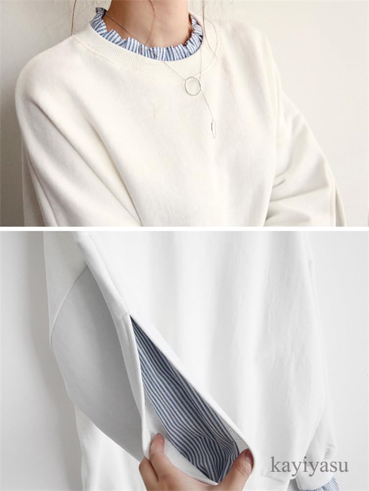 Kayiyasu Layered Long Sleeve Sweatshirt Everyday Women's Hoodie, Casual, Cute, Striped, Slimming, Wear, Spring/Autumn, M-2XL (M Gray)