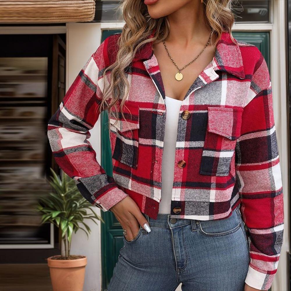 Women's Point Collar Long Sleeve Shacket Loose Fit Retro Fashion Plaid Jacket