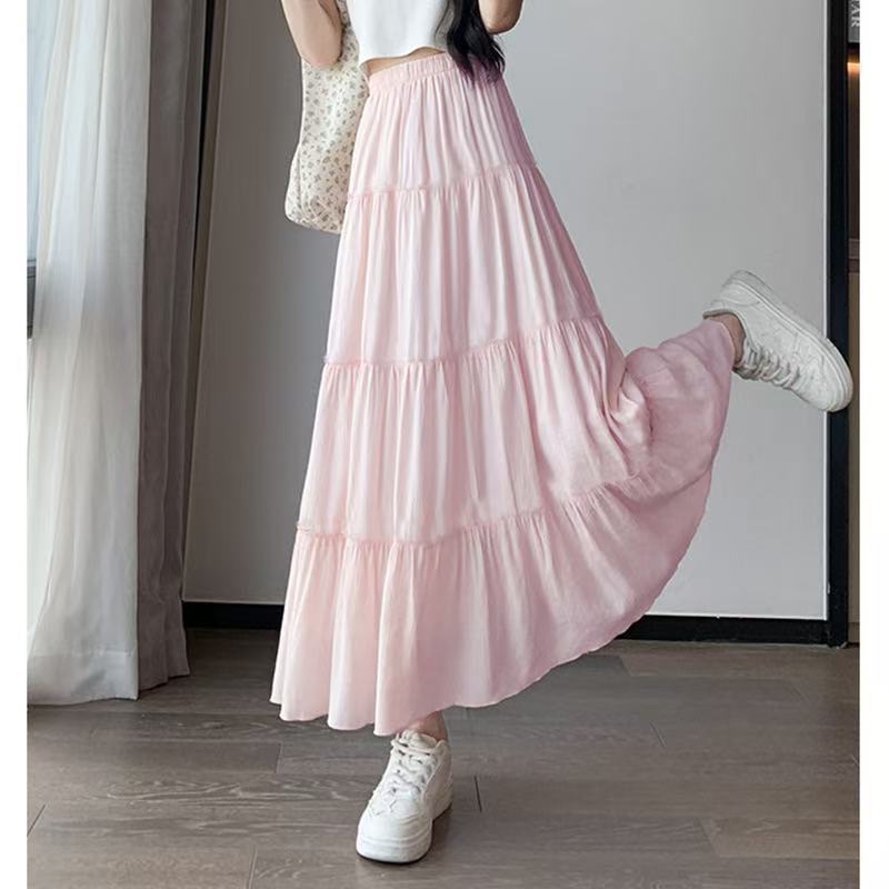 White skirt spring and summer high waist a-shaped skirt cake skirt gentle wind long skirt design wrinkled skirt