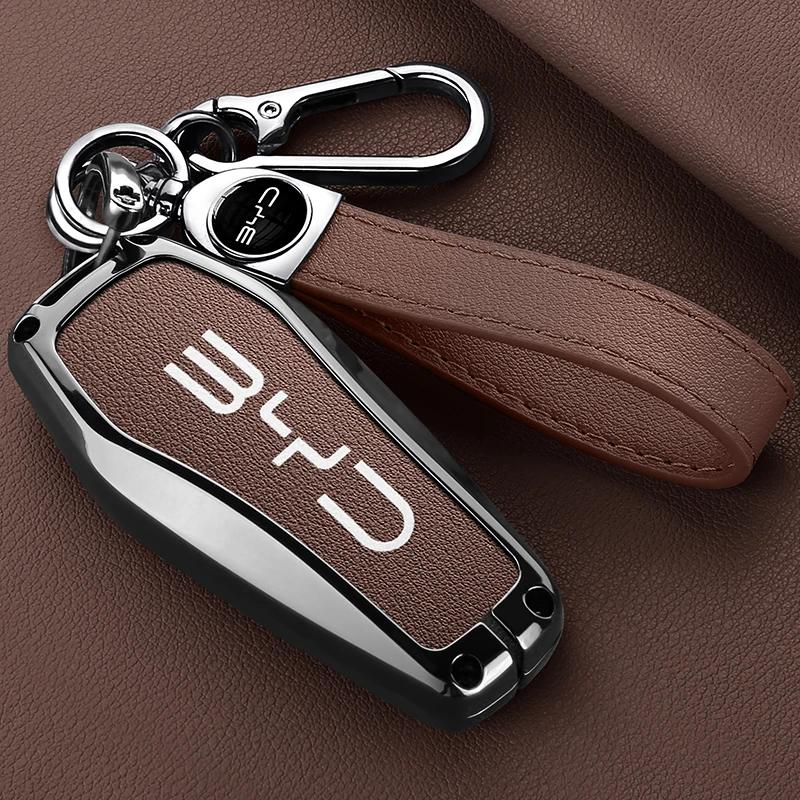 Styling Mouldings Alloy Leather Car Smart Remote Key Case Cover Emblem Accessories For BYD Song Pro Tang Dmi QIn PLUS MAX Yuan E