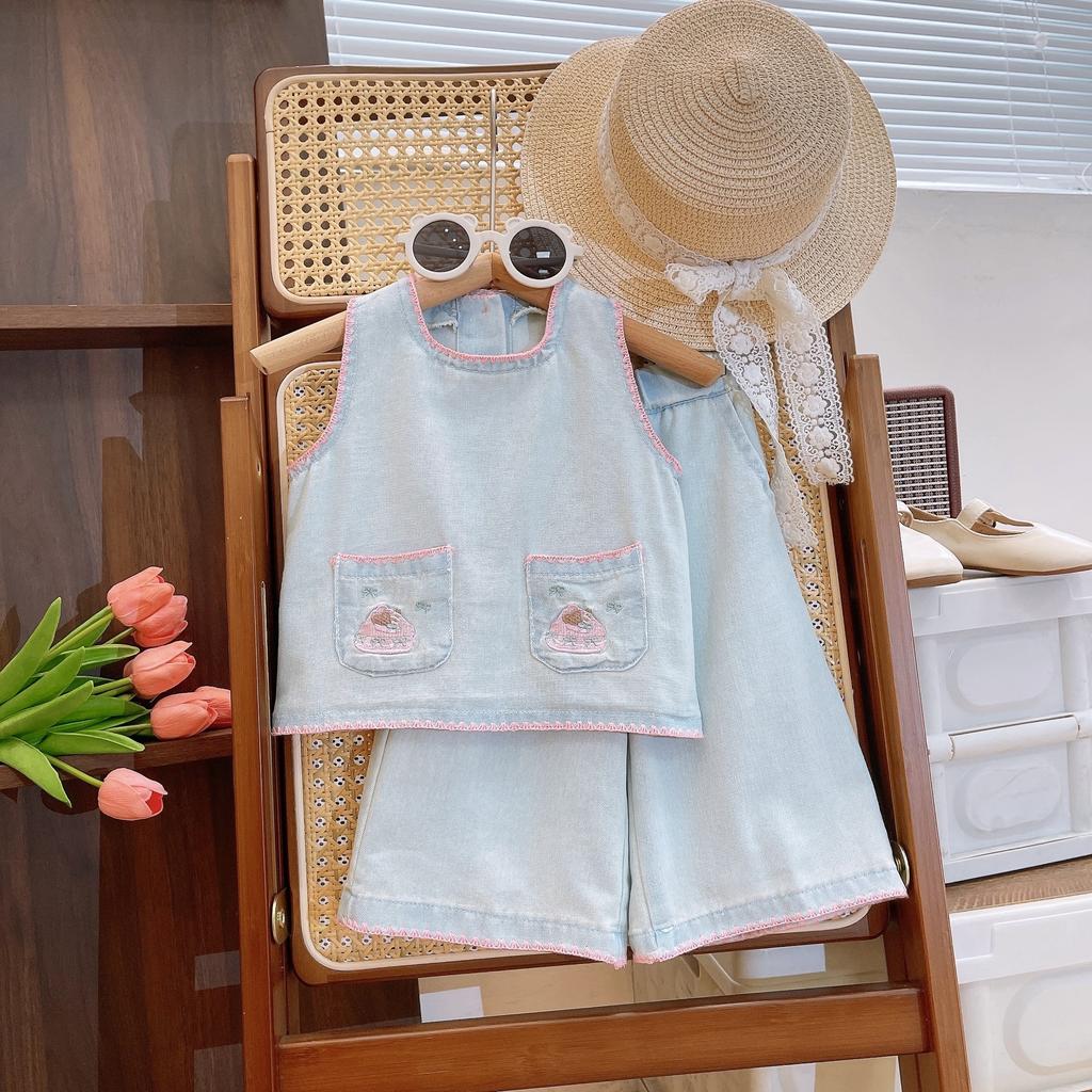 Girls Summer Lace Cute Set Middle Child Embroidered Sleeveless Top + Wide Leg Pants Two Piece Set