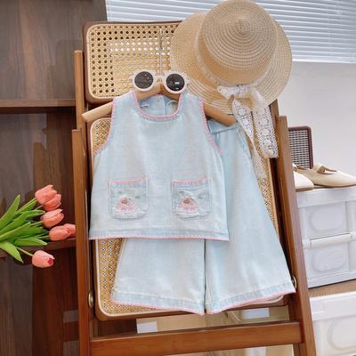 Girls Summer Lace Cute Set Middle Child Embroidered Sleeveless Top + Wide Leg Pants Two Piece Set