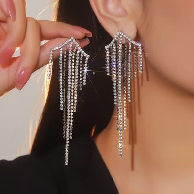 European and American Luxury Long Fringed Earrings Women's Temperament Versatile Rhinestone Stud Earrings