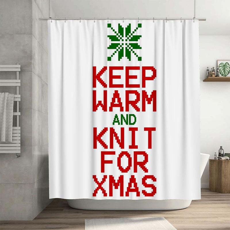 

Keep Warm And Knit For Xmas Shower Curtain, Cozy Holiday Saying On White With Snowflakes For Festive Bathroom Vibe W60H190(CM)-1 Pcs