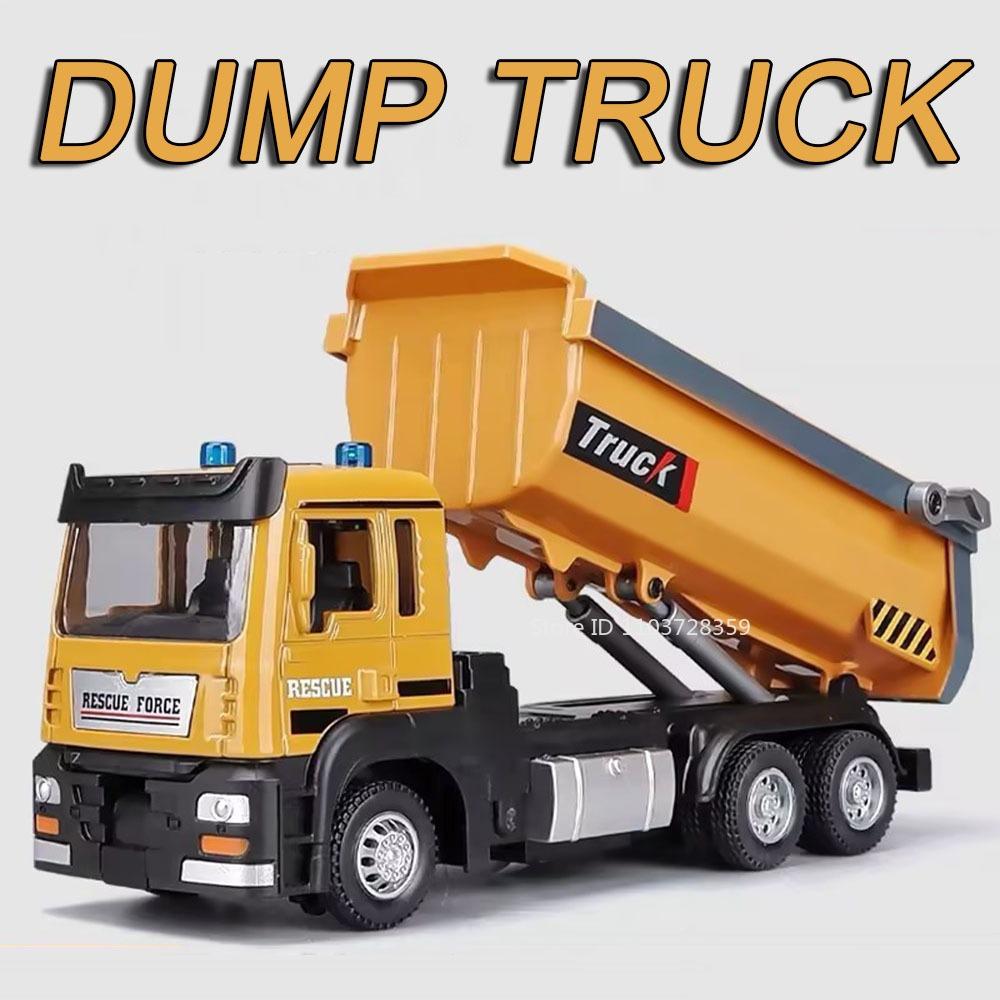 1:32 Alloy Dump Truck Toy Models Metal Diecast Flat Trailer Engineering Vehicles Sound Light Pull Back Rubber Tires Boys Gifts