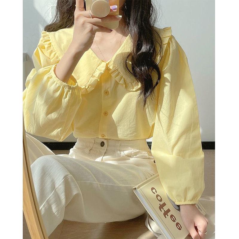 Damen Gelbes Milch Langarmshirt, Französischer Retro Puppenkragen, Schickes Frühling/Herbst Design, Süßer und Nischenstil.