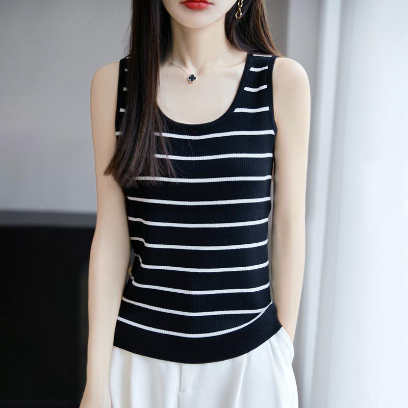 2025 Summer Women's Pure Cotton Striped U-neck Knitted Tank Top