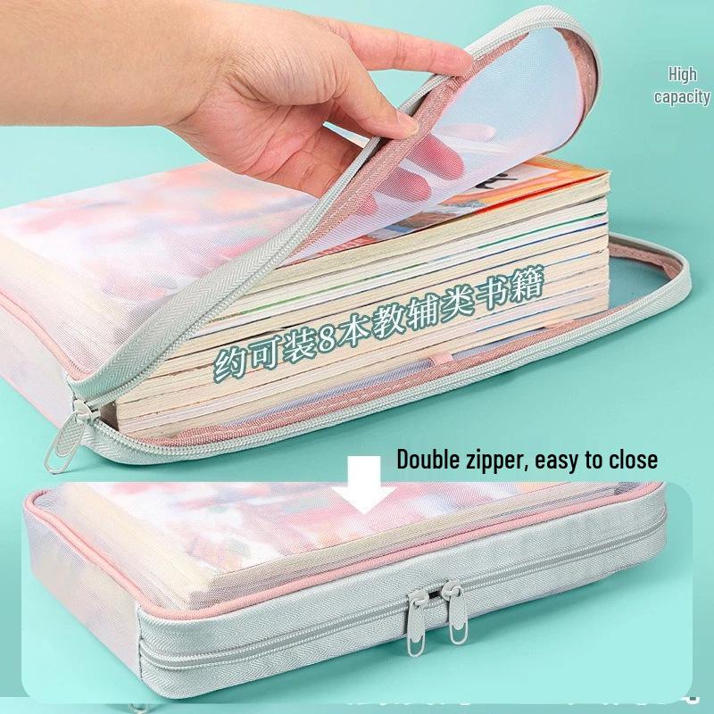 A4 Large Capacity Three-Layer File Bag with Transparent Mesh