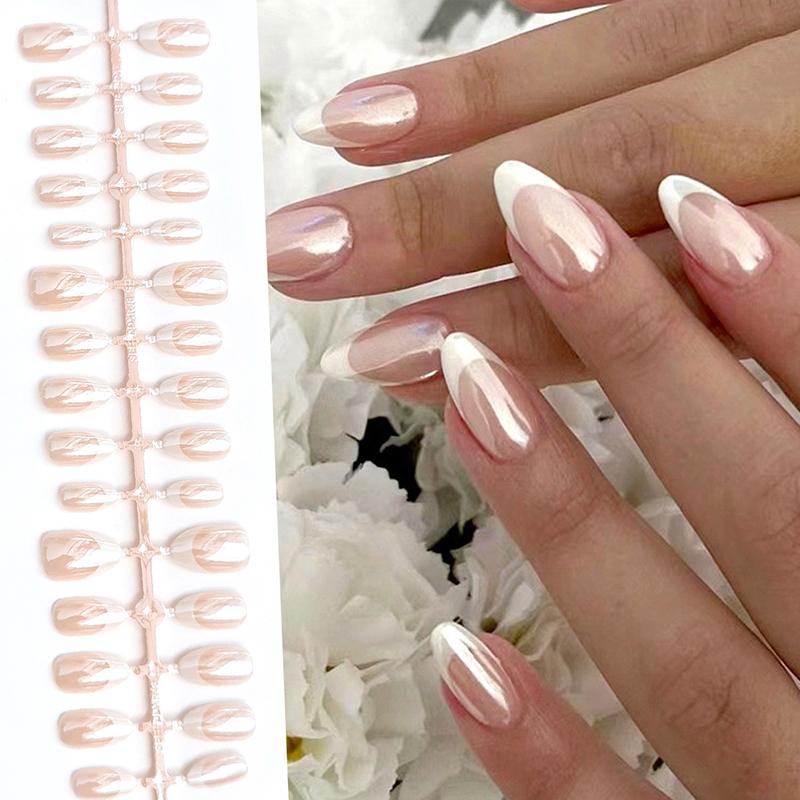 French Pearlescent Full Cover Press On Nails 30pcs Set False Nail Tips Comfortable Wear for School Dances and Events